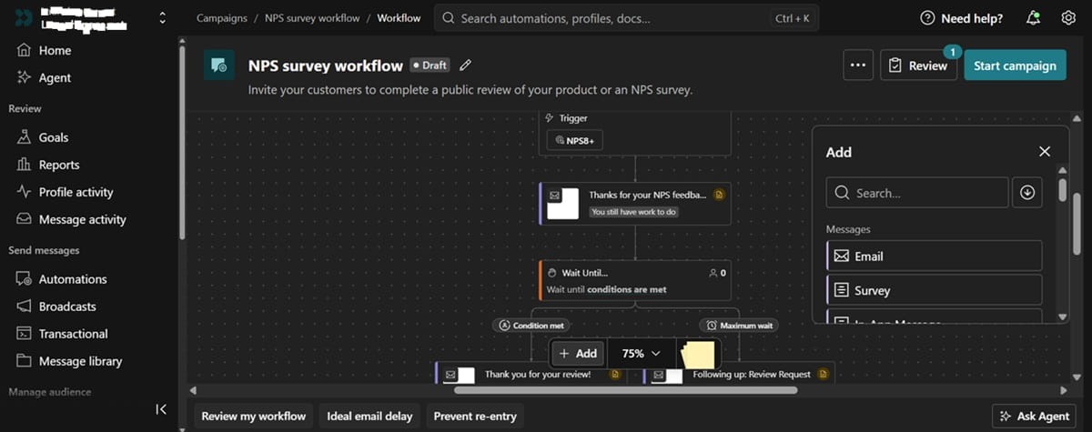 Customer.io dashboard showing an NPS survey workflow with branching logic and email/survey action blocks.
